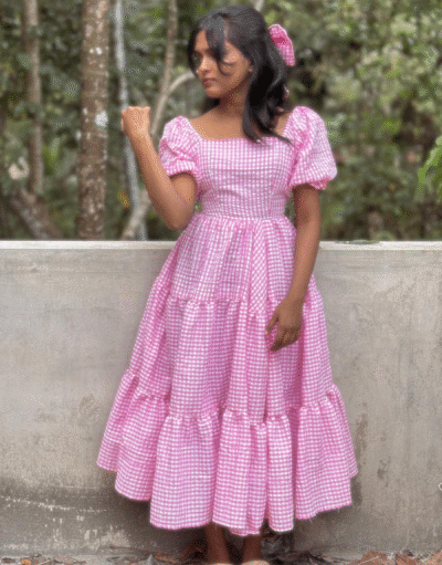Pink And White Puff Sleeve Dress (2425)