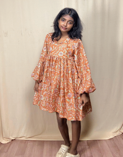 Orange Puff Sleeve Dress 2443